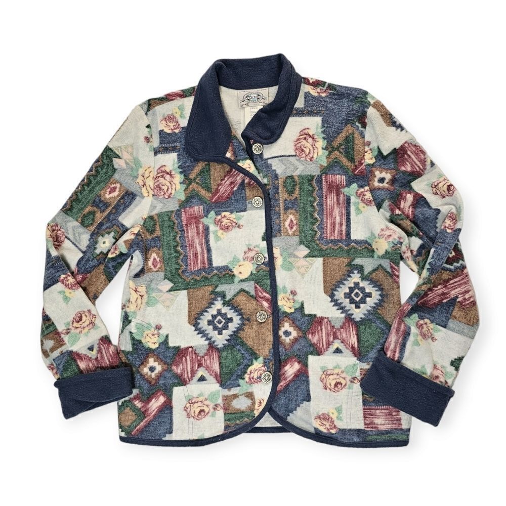 River Ridge Vintage Floral‎ Patchwork Button Down Sweater Women's Size Large